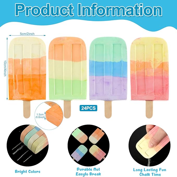 24 Pcs Ice Cream Sidewalk Chalk Set Multicolor Party Favors Bulk Washable Safe Outdoor Chalk for Kids Adults Fun Summer Playground Outdoor Activities Painting on Chalkboard Blackboard