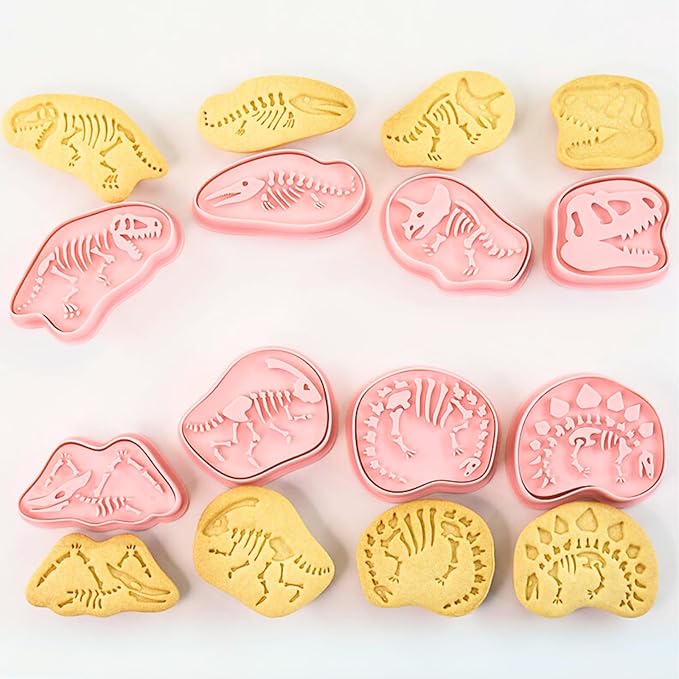 Dinosaur Fossil Cookie Cutter Set – 8pcs 3D Plastic Cookie Stamps – Fun Dino Skeleton Cookie Molds – Food Grade Kids Baking Set for Dinosaur-Themed Cookies, Cakes & Treats