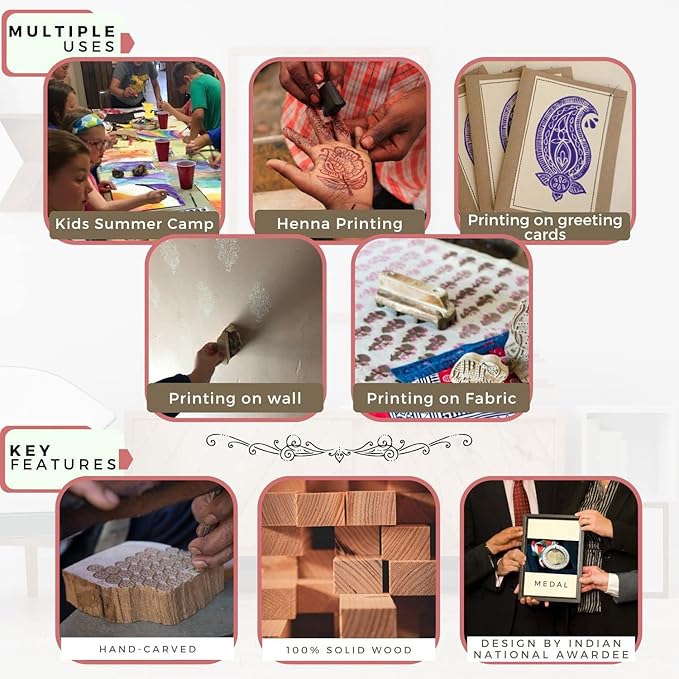 Round Shape Wooden Stamp Block for Block Printing - Handcarved Stamps for Saree Border/Scrapbook/Fabric/Textile/Paper/Clay/Pottery (Set of 5) Hashcart®