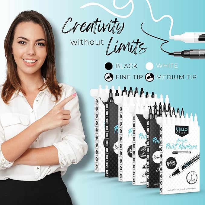 Utillo Craft White+Black Paint Pen (8-Pack) Medium Tip Made in Japan | Bold Color+100% Coverage | For Rock, Wood, Glass, Paper, Fabric, Canvas, Metal and More! | 2-3mm Paint Pens | Acrylic Paint Pens