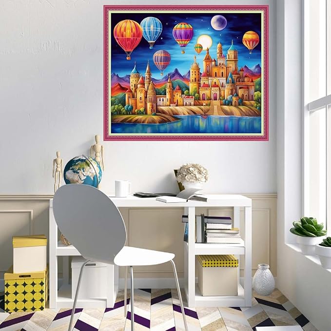 Disnesart Cross Stitch Stamped Full Embroidery Kits DIY 11CT Cotton Thread Printed DIY Needlepoint Kits Craft Needlework Set Cross-Stitch Stamped Sets-Rainbow Castle Hot Air Balloon 16x20 inch