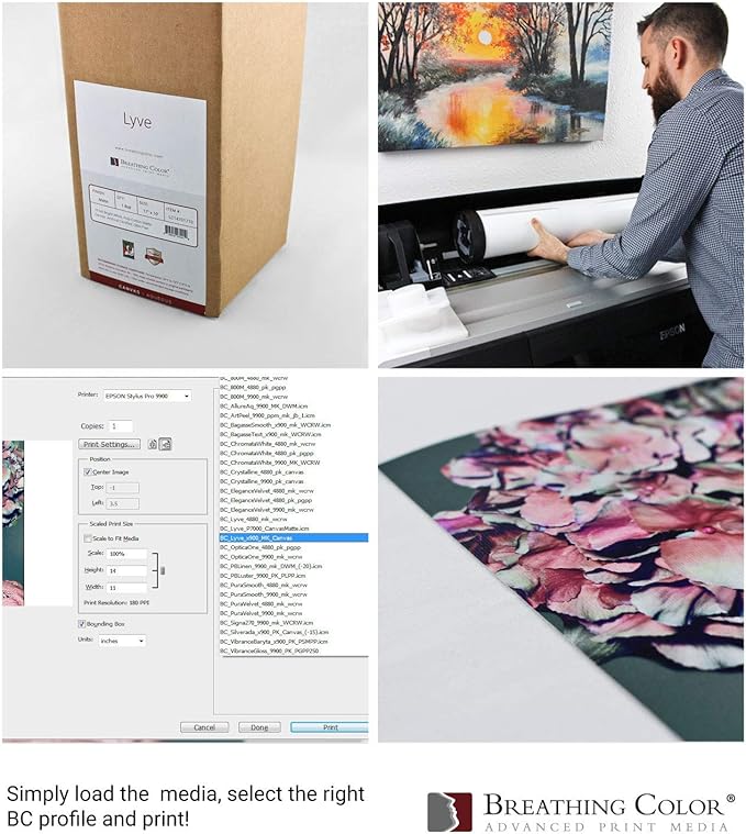 Premium Lyve Matte Canvas Paper Perfect For Use on Professional Makes and Models of Epson, Canon and HP printers preferred by Professionals. 19 mil textured Canvas offered in a 17 inch by 40 ft roll