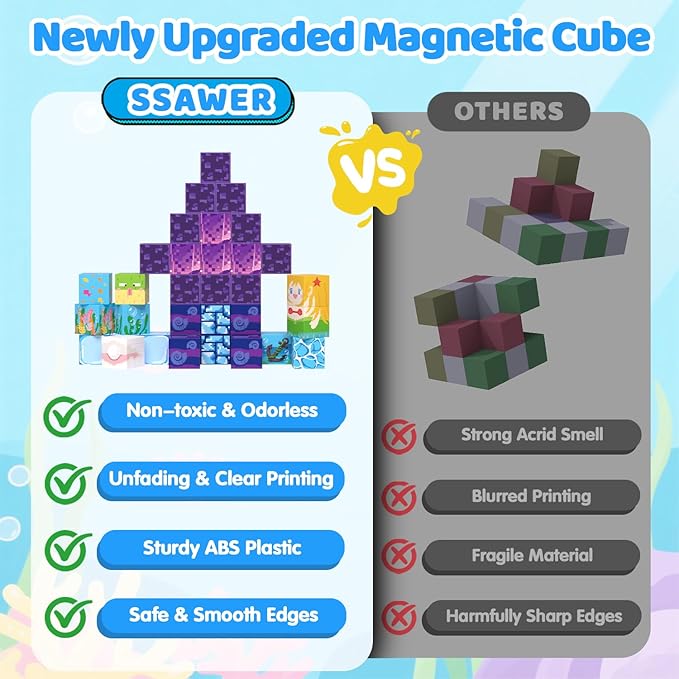 Magnetic Blocks, 100PCS Magnetic Building Blocks, Stacking Magnets for Kids, Sensory Toy for STEM Constructions Magnet Blocks for Boys Girls Age 3+, Christmas Birthday Gifts (Ocean World)