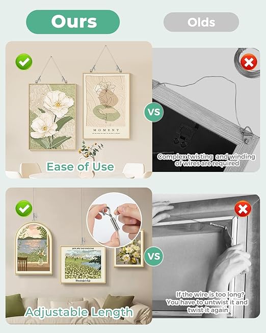 2PCS Adjustable Picture Hanging Wire 0.5m x 1.5mm Large Hooks, Picture Frame Wire Kit Heavy Duty 100lbs, Stainless Steel for Art, Mirror, Light Lamp, Billboards, Basket Flowerpot