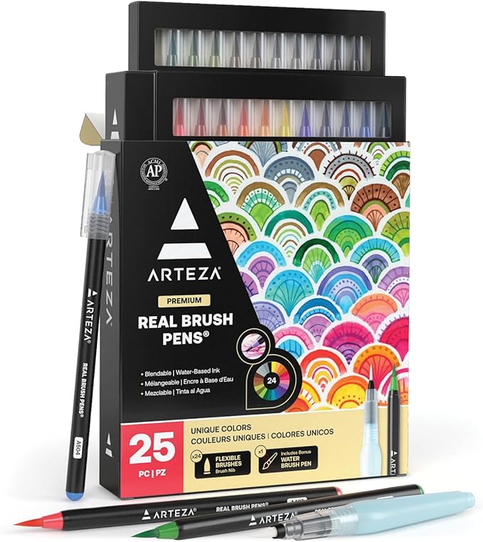 ARTEZA Watercolor Paint Pens, 24 Watercolor Brush Pens with Flexible Nylon Brush Tips, Paint Markers for Artists, and Beginners