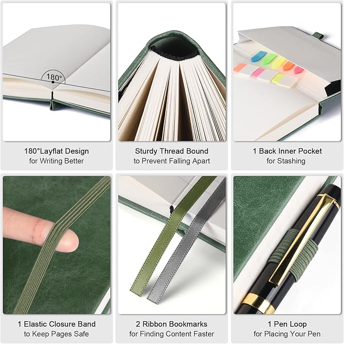5 Pack College Ruled Notebook, 312 Numbered Pages Thick Notebooks Bulk, 100gsm No Bleed Paper Hardcover Leather Journal, Lined Journal Notebook Set for Women Men School Office, A5, Green