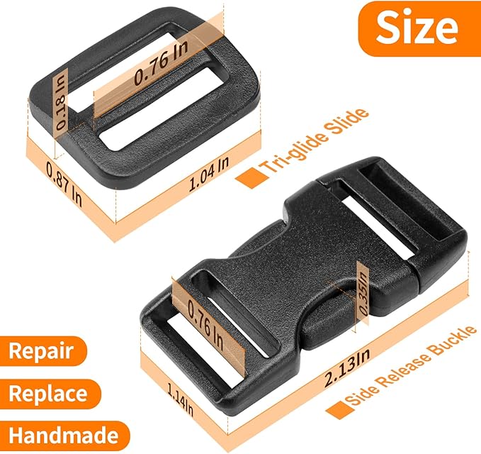 3/4" Buckles and Straps Set: 6 Yards of Thick Nylon Webbing, 6-Pack Quick Side Release Adjustable Plastic Buckles, 12 Tri-Glide Slide Clips(3/4 Inch Combo Set)