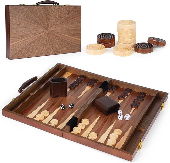 Wooden Backgammon Board Game Set (15 Inches) for Adults and Kids - Classic Board Strategy Game - Portable and Travel Set Family Game Night Vintage Backgammon Strategy Game