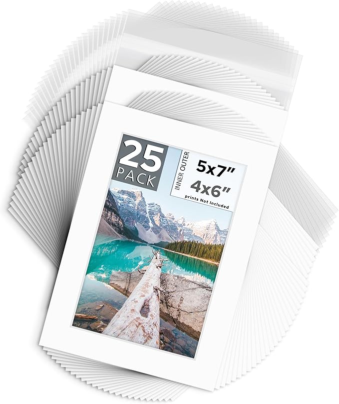 Mat Board Center, Pack of 25, 5x7 for 4x6 White Mat Kit - Acid Free, 4-ply Thickness, White Core - Includes Backing Boards and Clear Bags - for Pictures, Photos, Framing