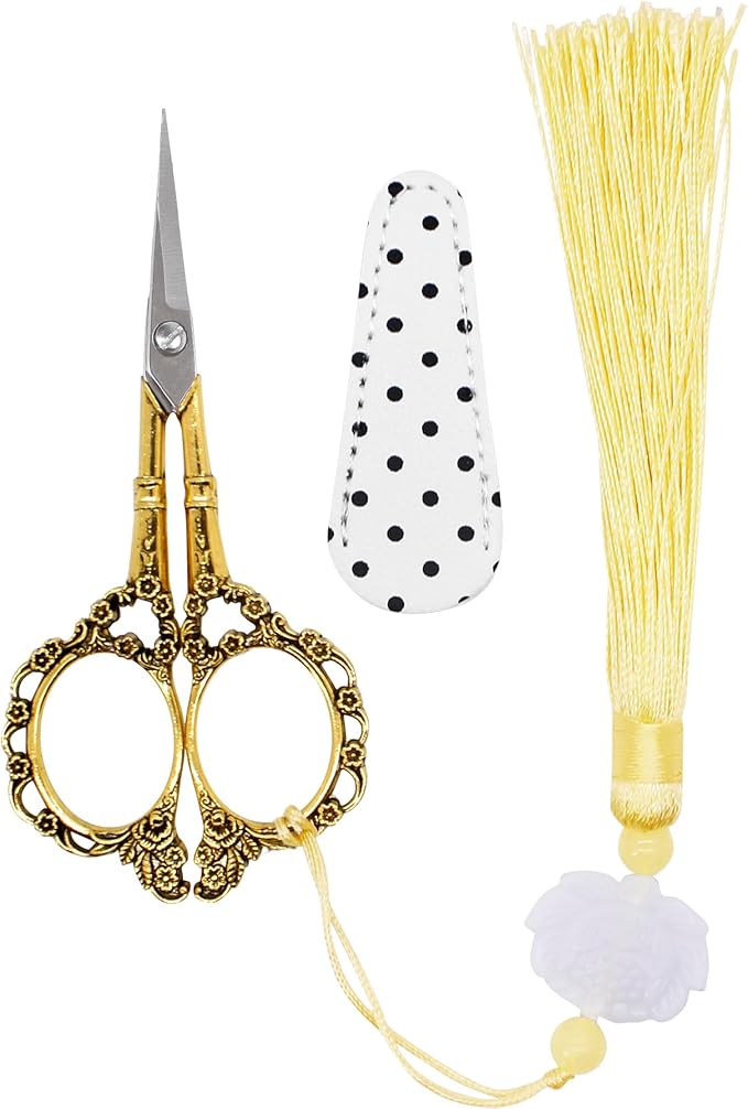 BIHRTC 4.5Inch Embroidery Stainless Steel Scissors with Leather Cover Tassel DIY Tools Dressmaker Small Shears Precision for Crafting Thread Cutting Sewing DIY Artwork Housework