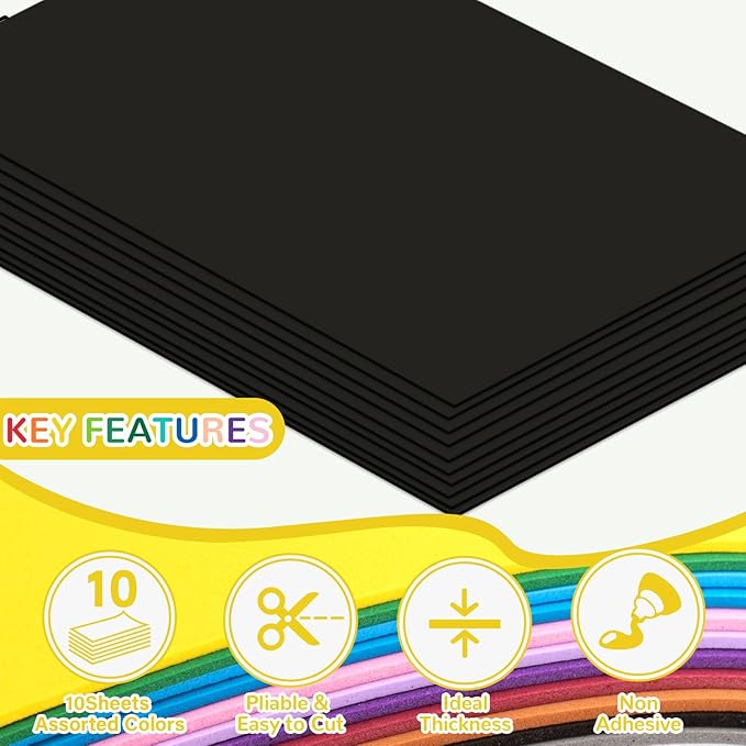 10 Pack Foam Sheets Craft 8 x 12 inch, Eva Color Foam Paper for Art Crafts Projects, Classrooms Scrapbook Gift DIY Cutters Card Party Decoration (Black)