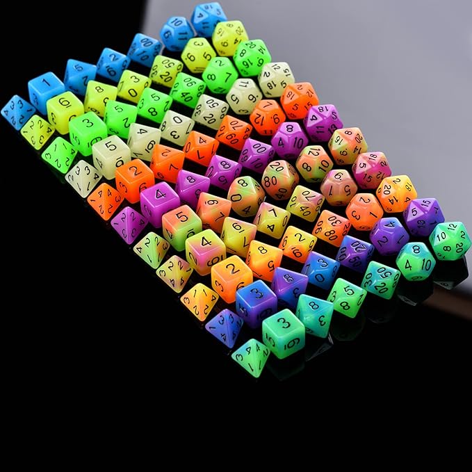 Glow in The Dark DND Dice Set 11 x 7 Polyhedral Dice (77pcs) for Dungeons and Dragons Tabletop Role-Playing Games, with a Drawstring Bag