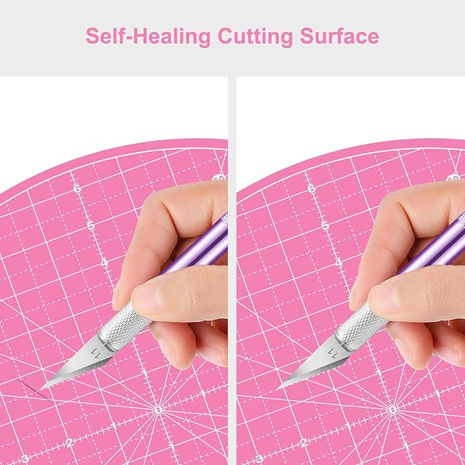 Headley Tools 13"x13" Round Rotating Cutting Mat, Self Healing Mat with 360-Degree Rotation & Anti-Slip Base, Sewing Board Cutting Mat Perfect for Fabric Quilting Leather Hobby Project, Pink