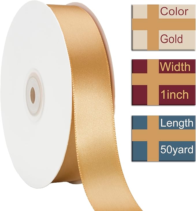 1 Inch Gold Ribbon, 50 Yards Craft Polyester Satin Ribbon Perfect for Gift Wrapping, Handmade Roses, Wedding Party Decorations and DIY Crafts