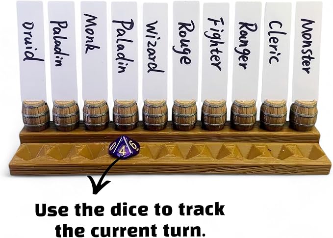 Initiative Tracker with 10 Barrel Slots, Erasable Name Tags, and Dice for Tracking Order. Ideal for DND and Other TTRPGs Brown