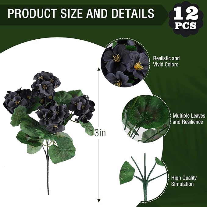 Hananona 12 Pcs Artificial Geranium Flowers for Outdoors Geranium Silk Flowers Outdoor UV Resistant Garden Plants Faux Black Flower for Home Kitchen Halloween Table Centerpieces Decor (12, Black)