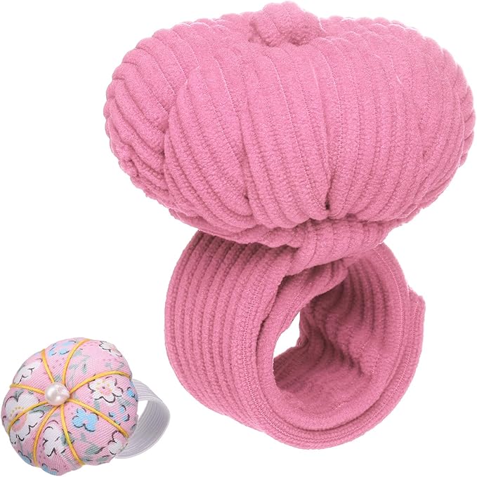 HARFINGTON Wrist Pin Cushions, Sewing Needle Pin Cushion Adjustable Strap with Elastic Strap Finger Ring Pincushions Fit All Wrist Sizes for Sewing Quilting Needlework DIY Crafts, Pink/Pink