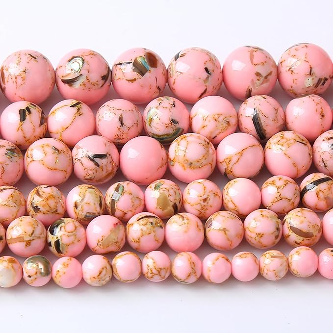 90PCS 8MM Pink Shell Turquoise Stone Beads with Mother-of-Pearl Round Beads for DIY Jewelry Making 2 Strands 32"
