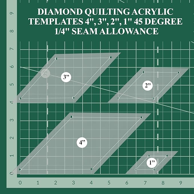 Quilting Acrylic Template Set | Precision Tools for Quilting Enthusiasts | Diamond Design | Includes Sizes 4", 3", 2", 1" | 1/8 Clear Acrylic | 1/4" Seam Allowance for Accuracy