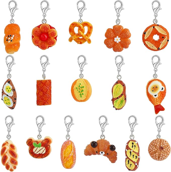 BEEFLYING 16Pcs Bread Stitch Marker Charms for Crocheting and Knitting, Resin Food Style Crochet Knit Stitch Marker Pendant with Lobster Clasp for Sewing Quilting Handmade Jewelry