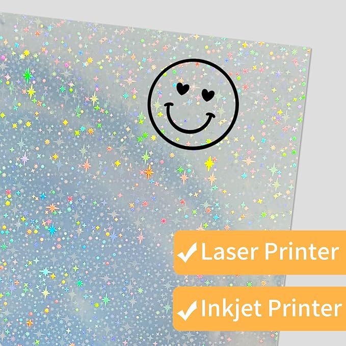 Printable Sticker Paper, 20 Sheets Printable Holographic Star Sticker Paper, Laser/Inkjet Printing- Holographic, Letter Size (8.5" x 11")