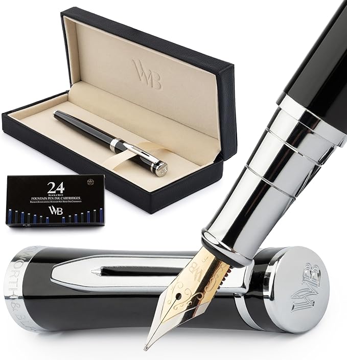 Wordsworth & Black Fountain Pen Set, Fine Nib, Includes 24 Pack Ink Cartridges, Ink Refill Converter & Gift Box, Chrome Finish, Calligraphy, [Black Chrome], Perfect for Men & Women