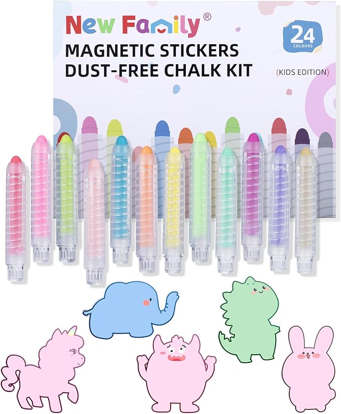 NewFamily Kids Art Chalk Set - 24 Color Dustless Chalk with Cute Magnetic Drawing Board, Creative Gift for Boys and Girls