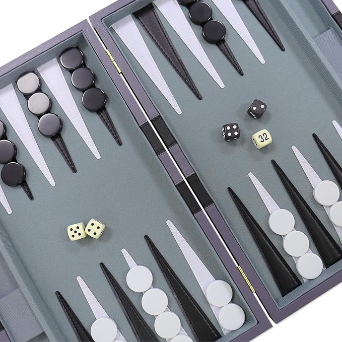Backgammon Set - Classic Board Game with Premium Leather Case - Portable Travel Strategy Backgammon Game Set for Adults, Kids - Suitable as (15inch, Gray)