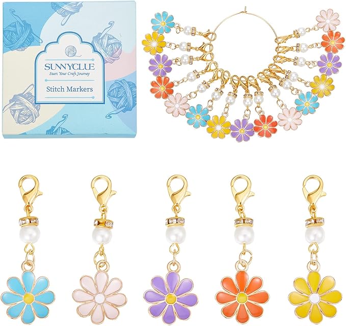 SUNNYCLUE 1 Box 30Pcs Stitch Markers Crochet Stitch Marker Daisy Flower Charms Pearl Beads Zipper Pull Clip On Removable Lobster Claw Clasp Charm Locking Knitting Markers for Weaving Sewing Quilting