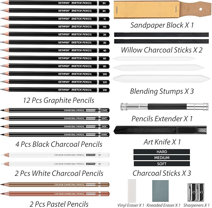 Sketch Pencils for Drawing,34 Pcs,Graphite Pencil (14B-4H), Charcoal Pencil,With Graphite Sticks, Erasers and Sharpener, Art Pencils for Sketching,Artist Set for Beginners and Professionals