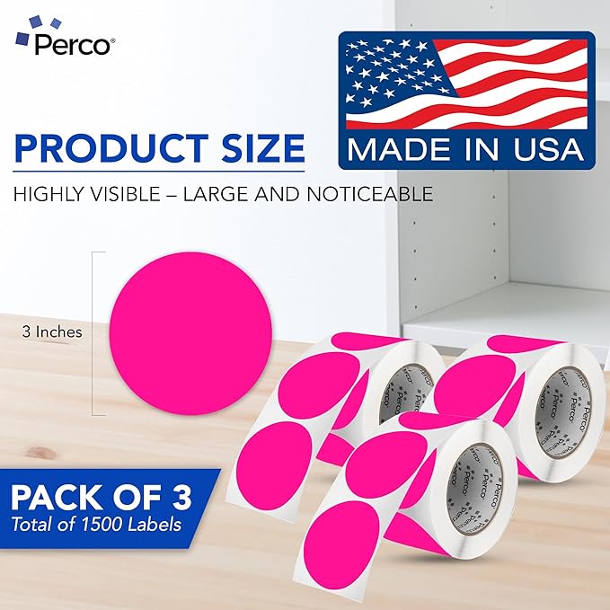 Perco Fluorescent Pink 3-Inch Round Circle Dot Sticker Labels - Multi-Roll Pack (3 Rolls, 500 Labels Each) - Permanent Adhesive, Vibrant Colors, Strong Hold - Perforated for Easy Use - Made in USA