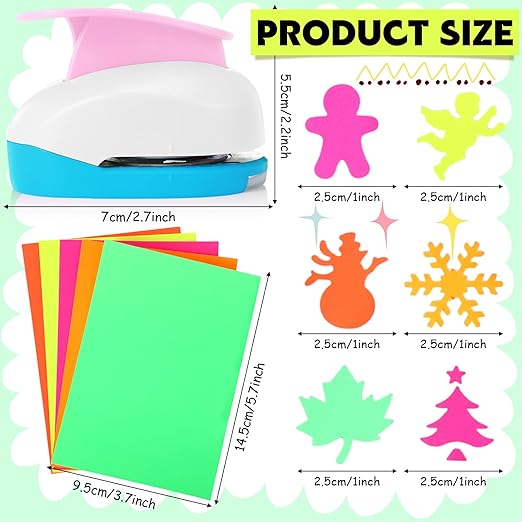 CHENGU 16 Pcs Craft Holes Punch Paper Punchers Scrapbook Punches with Craft Sticker Paper, Round, Star, Square, Heart, Flower, Wave Circle Shape (1 Inch,Christmas)