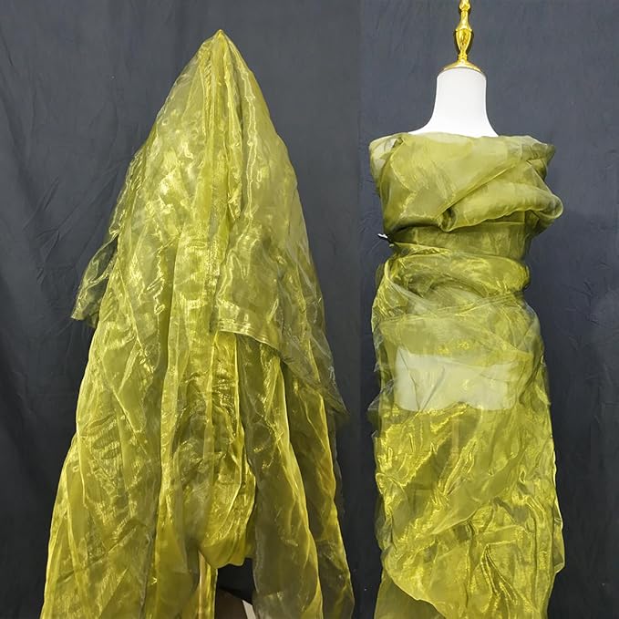 Two-Tone Iridescent Holographic Organza Fabric - 11 Yards | Lightweight Sheer Gauze Voile Tulle | for Dresses, Party Decor, DIY Crafts, Shiny Backdrops（Olive-Greenish Yellow