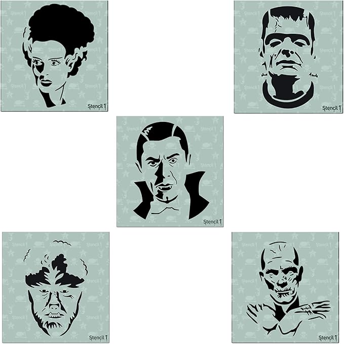 Halloween Monsters 5 Pack Stencil Set, Pumpkin Stencils, Halloween Motifs, Includes Dracula, Frankenstein, Bride, Werewolf, Mummy, Each Measure 5.75 x 6