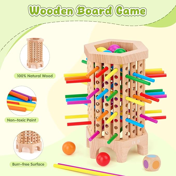 Montessori Game Wooden Board Game, 36 Colorful Wooden Sticks Dice Game, Math Educational Toy for 3 4 5 6 Year Olds, Fine Motor Skills Toy Classic Tower Game for Family Night Gift for Boys Girls