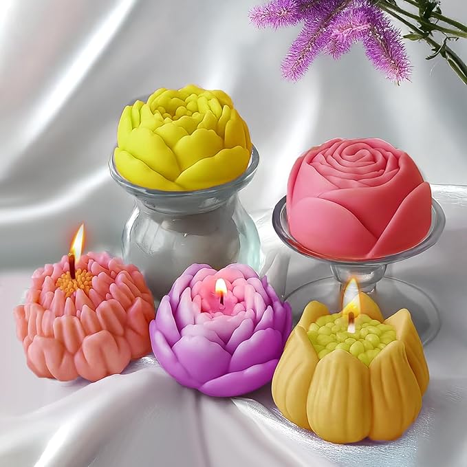4pcs Large Flower Silicone Candle Molds,Reusable 3D Mold for Soap, Baking, Chocolate, Ice, Wax Resin Crafts, Rose Lotus Hibiscus Peony, Non-Stick, Easy Release Clean, DIY Gift for Bakers
