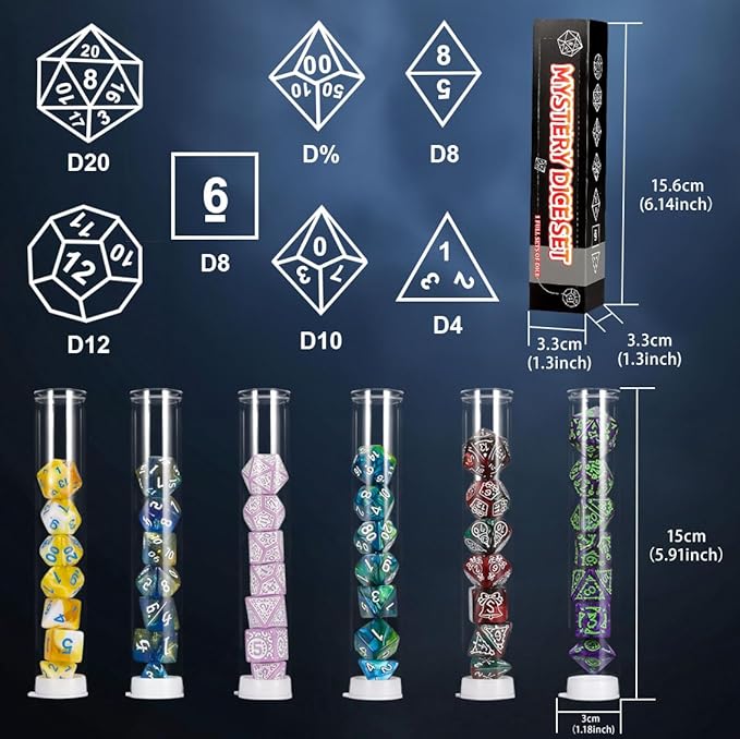 QMAY Mystery Dice Box - 7PCS DND Dice Set, Random Dice Patterns, 1Surprise Boxes, Polyhedral Dice with Dice Display Tube, D&D Gifts Box for Dungeons and Dragons, RPG, MTG,Role Playing Table Game