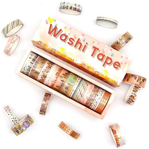 MPOPUUL Gold Foil Washi Tape Set 12 Rolls - Blooming Masking Tape, Decorative Tape for Bullet Journals Supplies, Gift Wrapping, DIY Crafts, Scrapbooking, Planners