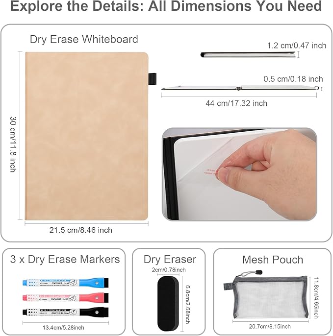AGM Portable White Board Dry Erase Notebook, 12" x 9" Double Sided Folding Whiteboards with 3 Pens, Small Travel Dry Erase Board Skin-Friendly Material for Study, Meeting, Planning, Tuscan