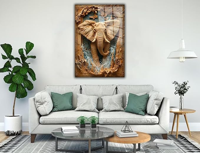 SpiritualHands Rustic Elephant Printed Tempered Glass Wall Art Painting for Living Room, Tempered Glass Modern Prints Decor, Large Vivid Color Panel for Bedroom, Kitchen, or Office