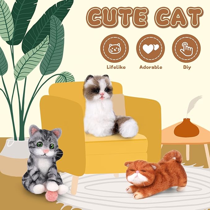 Mayboos Needle Felting Kit, 3 PCS Cat Animal Needle Felting Beginner Kits Wool Felt Needle Felting Tools with Instruction for DIY Craft Animal Home Decoration