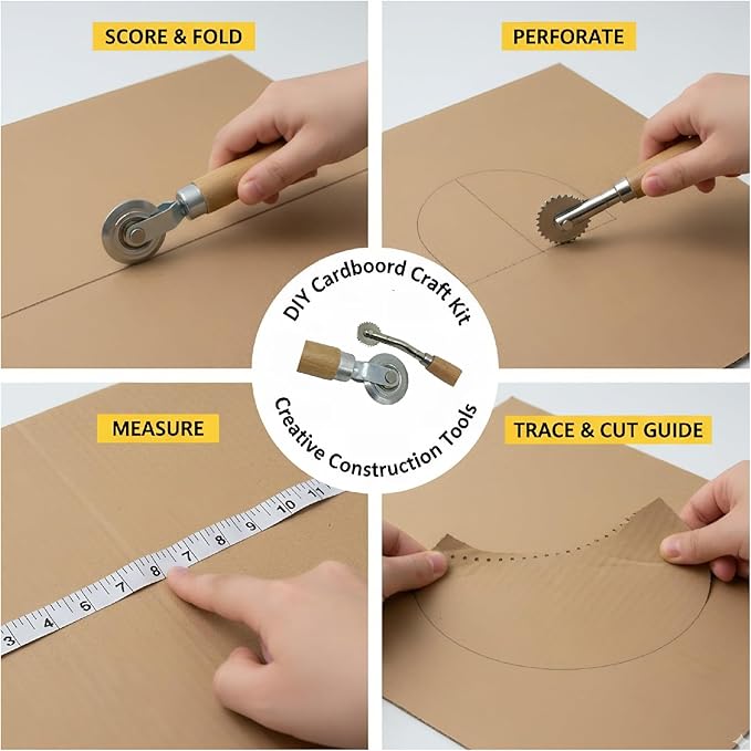 Box Resizer Tool Kit, 0.5mm Solid & Dashed Line Scoring Wheel with Wood Handle & Soft Tape Measure for Cardboard, Paper Craft, Gift Box Making