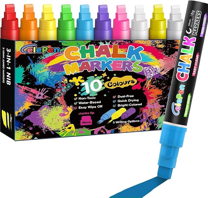Window Chalk Markers for Cars Glass Washable, 10 Colors Jumbo Liquid Chalk Marker Pens with 10mm 3 in 1 Nib Wide Tips, Big Chalkboard Markers Car Window Paint Pens for Auto, Bistro, Mirror, Poster