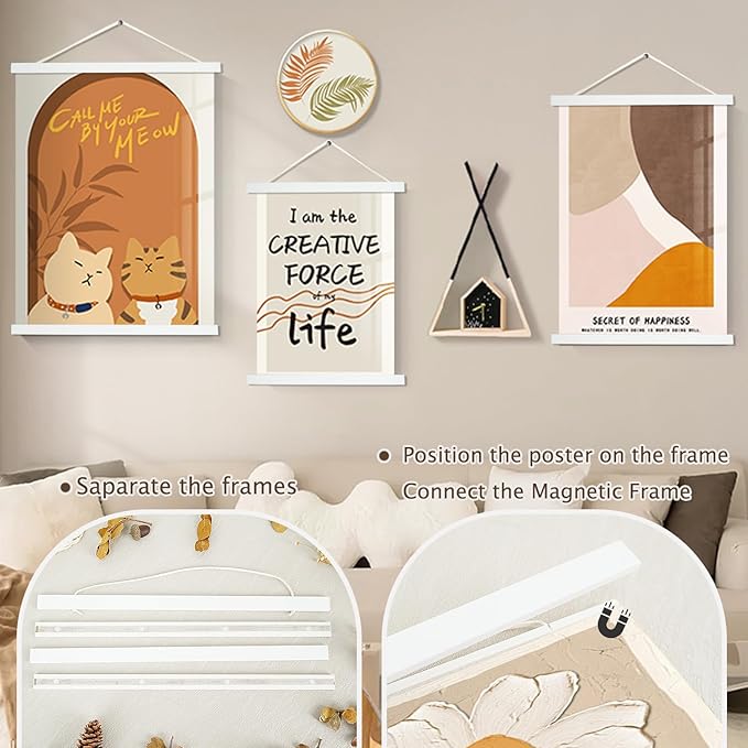 Artmag Magnetic Poster Hanger Frame, Light Wood Wooden Magnet Canvas Artwork Print Poster Hangers for 14x17 14x20 14x22 Frames Hanging Kit (White, 14")