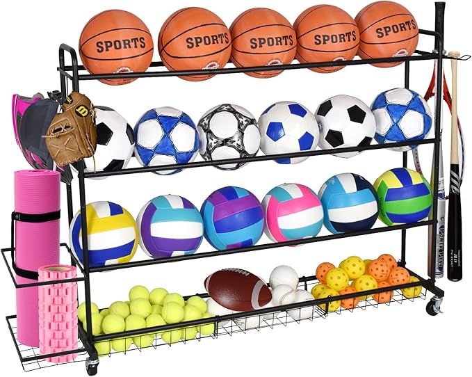 Basketball Rack, Shooting Training Rolling Ball Stand, Garage Organizer with Wheels, 4-Layer Sports Equipment Storage Holder with Baskets and Hooks for Soccer Baseball Footballs Volleyball