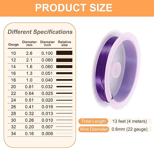 HARFINGTON 13ft Jewelry Wire, 22 Gauge (0.6mm) Brass Craft Soft Metal Tarnish Resistant Copper Beading Wire for Jewelry Making Supplies Crafting, Purple