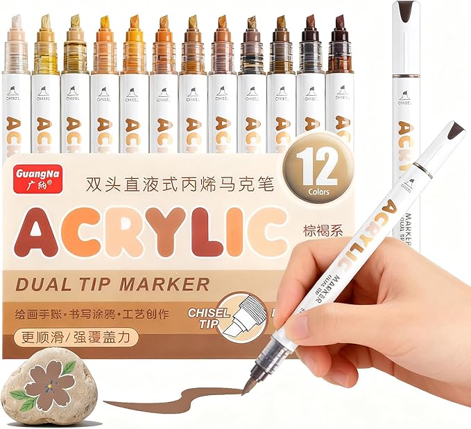 kander 12 Colors Dual Tip Acrylic Paint Markers, Adobe Brown Color — Extra Fine & Soft Brush Pen Set with Direct Ink Flow for Sketching, Detailing, Coloring on Wood, Canvas, Rock, Glass, DIY Crafts