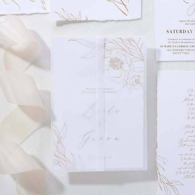 UNIQOOO 120 Pack Pre-Folded Vellum Jackets for 5x7 Invitations, Elegant Semi-Transparent Vellum Paper, 115GSM Wedding Invitation Accessories, for Envelope Liners 5x7 Inserts