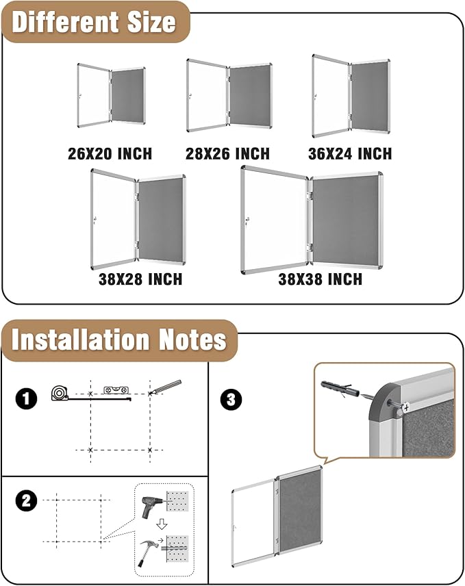 26"x20" Enclosed Bulletin Board, Lockable Weather-Resistant Aluminum Cork Noticeboard for School & Office, Silver Frame w/Grey Flet