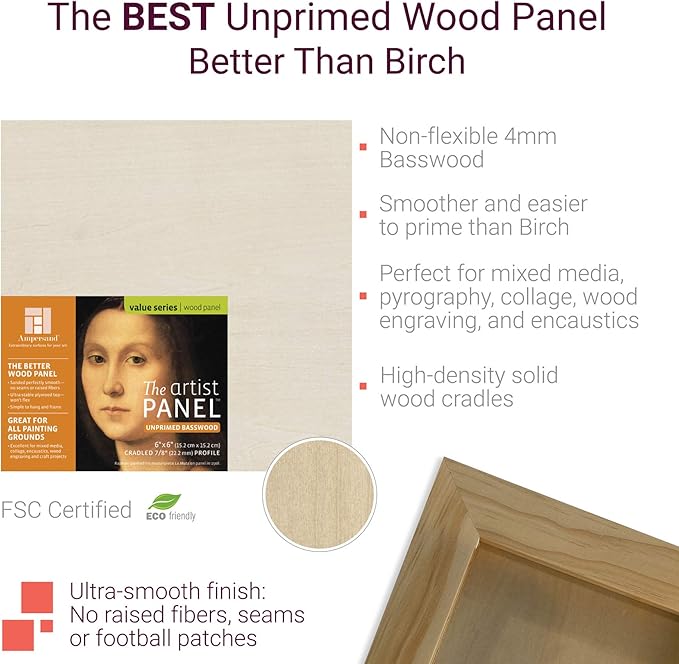Ampersand Art Supply Unprimed Basswood Artist Panel, 7/8" Cradled Profile, 12"x12"